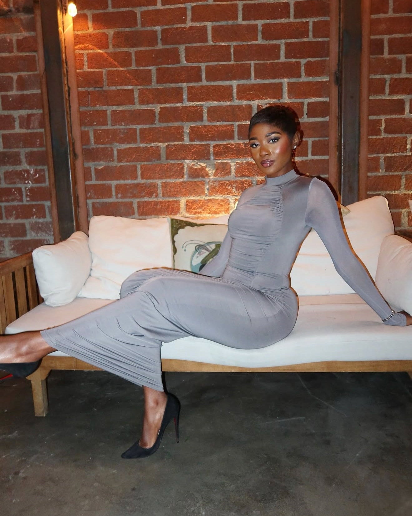 GRAY MAXI DRESS - LONG SLEEVE DRESS - MESH DRESS - RUCHED DRESS - BODYCON DRESS - CLASSY OUTFIT - BOUTIQUE - ONLINE SHOPPING - WOMEN'S ONLINE CLOTHING BOUTIQUE - VALENTINE'S DAY - GALENTINES DAY - DINNER DATE DRESS - SEXY DRESS - HIGH NECK DRESS - GRAY MAXI DRESS WITH RUCHED DETAIL - FITTED MAXI DRESS - EVENT DRESS - MESH SLEEVE DRESS