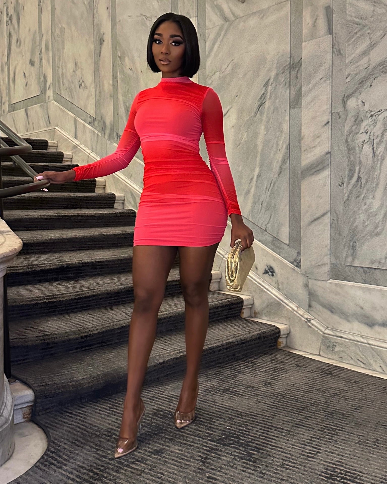 Pink and red sheer mesh mini dress with long sleeves - Date night dress or birthday dress - sexy dress - mini dress - valentines day dress - valentines day outfit - long sleeve dress - mesh dress - red dress - pink dress - holiday dress