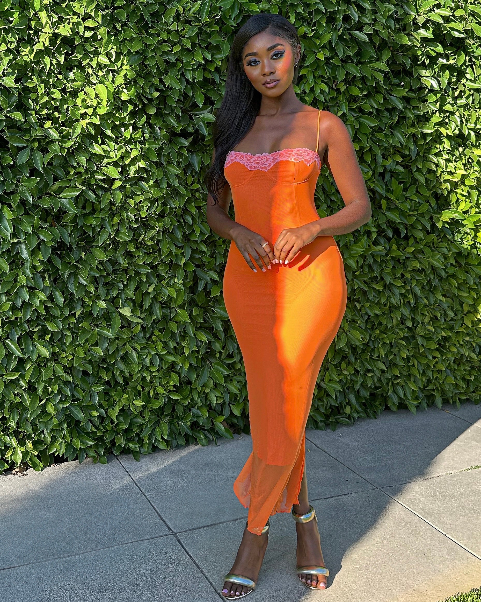 ORANGE MESH DRESS - ORANGE DRESS - MESH DRESS - ORANGE SPAGHETTI STRAP DRESS - WEDDING GUEST DRESS - SEXY DRESS - BIRTHDAY DRESS - GARDEN PARTY DRESS - CLASSY MIDI DRESS - CLASSY DRESS - MESH MIDI DRESS - ORANGE MIDI DRESS - SUMMER DRESS - SUNDRESS - VACATION OUTFIT - DINNER DATE DRESS - DATE NIGHT DRESS - ORANGE DRESS WITH PINK LACE