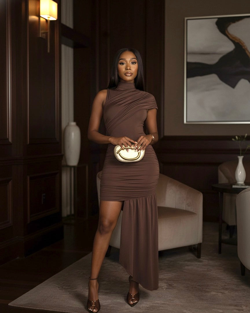 Sheer Luck Ruched Asymmetrical Dress