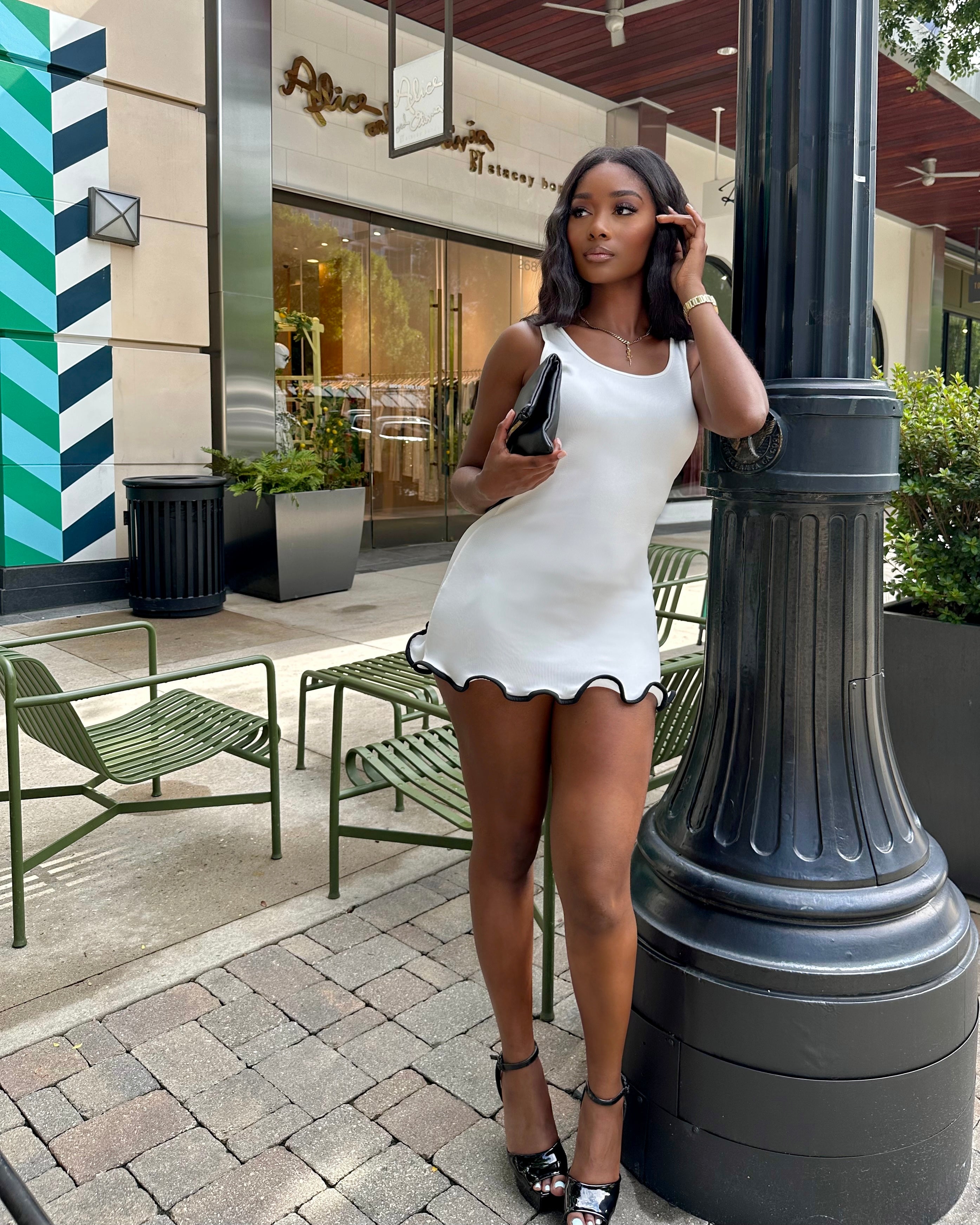 MINI DRESS - WHITE MINI DRESS - WHITE RIBBED TANK TOP DRESS - WHITE RIBBED DRESS WITH BLACK TRIM RUFFLE - SUMMER DRESS FOR WOMEN - SPRING DRESS FOR WOMEN - TRENDY FASHION - WOMEN'S FASHION - SUMMER OUTFIT - SPRING OUTFIT - DATE NIGHT OUTFIT - BOUTIQUE
