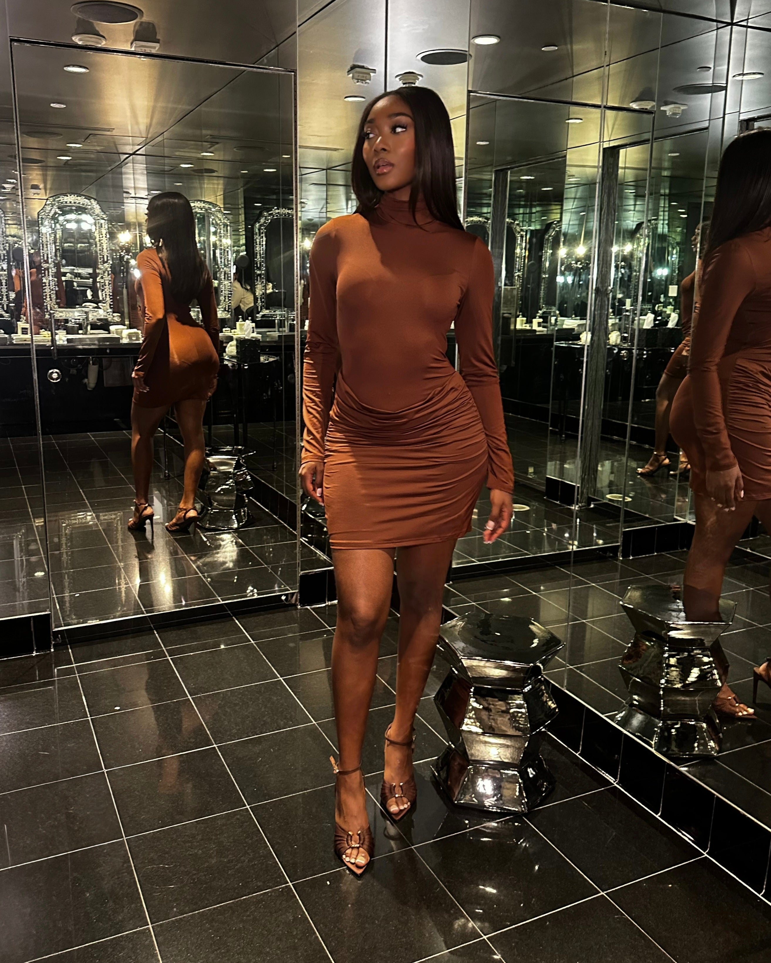 BROWN LONG SLEEVE MINI DRESS - MINI DRESS - LONG SLEEVE DRESS - BROWN DRESS - WOMEN'S FASHION DRESS - BROWN RUCHED DRESS - FORMAL DRESS - CLASSY DRESS - BIRTHDAY DRESS - DATE NIGHT DRESS - FALL FASHION - FALL OUTFIT - WINTER FASHION - WINTER OUTFIT - LONG SLEEVE BROWN DRESS - BOUTIQUE - STRETCHY DRESS