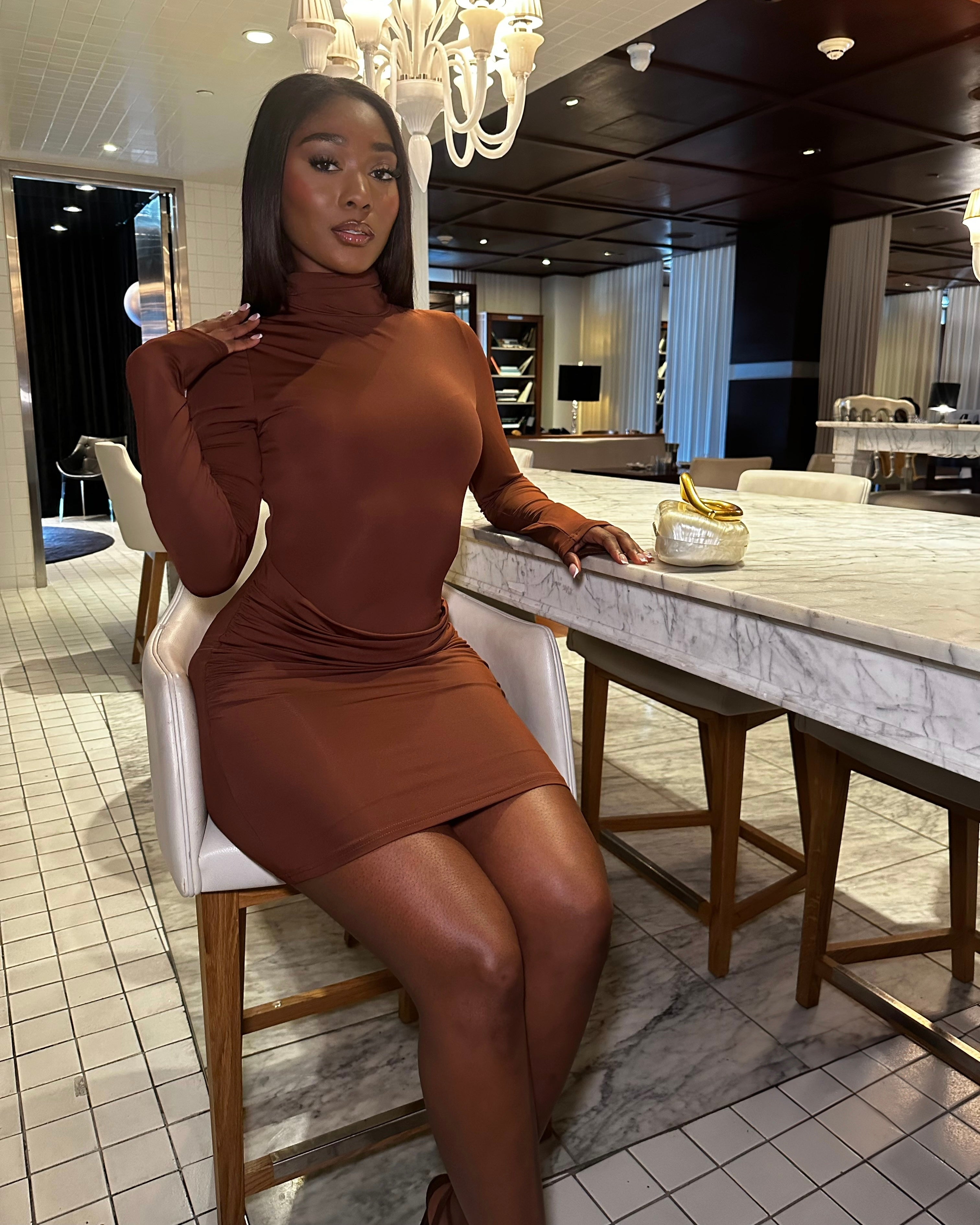 BROWN LONG SLEEVE MINI DRESS - MINI DRESS - LONG SLEEVE DRESS - BROWN DRESS - WOMEN'S FASHION DRESS - BROWN RUCHED DRESS - FORMAL DRESS - CLASSY DRESS - BIRTHDAY DRESS - DATE NIGHT DRESS - FALL FASHION - FALL OUTFIT - WINTER FASHION - WINTER OUTFIT - LONG SLEEVE BROWN DRESS - BOUTIQUE - STRETCHY DRESS