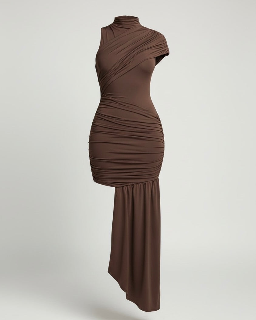 Sheer Luck Ruched Asymmetrical Dress