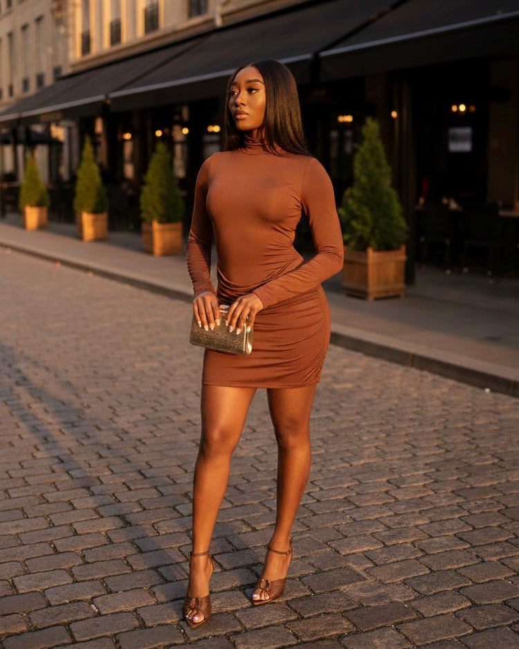CHOCOLATE BROWN MINI DRESS - LONG SLEEVE BROWN MINI DRESS - TURTLE NECK DRESS - HIGH NECK DRESS - EVENT DRESSES - VALENTINE'S DAY DRESS - VALENTINES DAY OUTFIT - GALENTINES DAY - CLASSY OUTFIT - CLASSY DRESSES - BOUTIQUE - WOMEN'S FASHION - WOMEN'S OUTFIT - WINTER FASHION - FALL FASHION - BIRTHDAY DRESS - BROWN BIRTHDAY DRESS