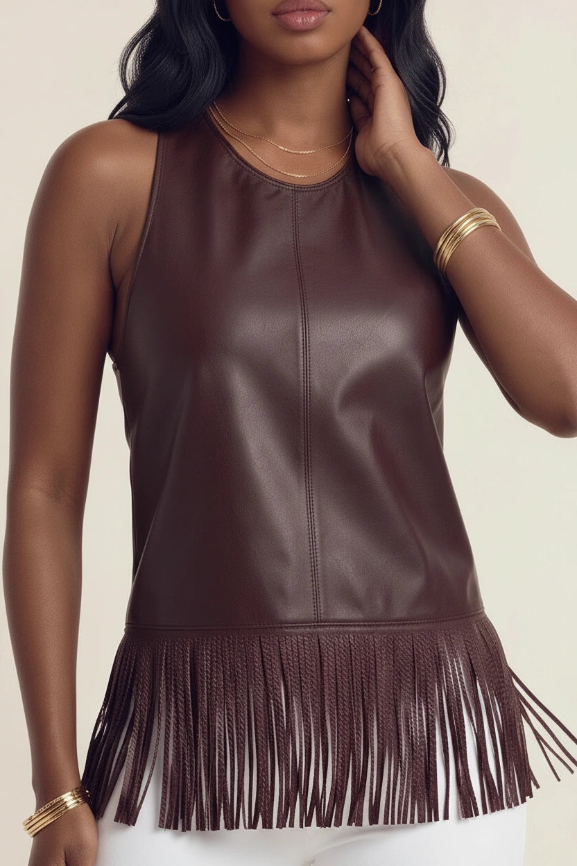 Piper Leather Fringe Halter Top - Wine
