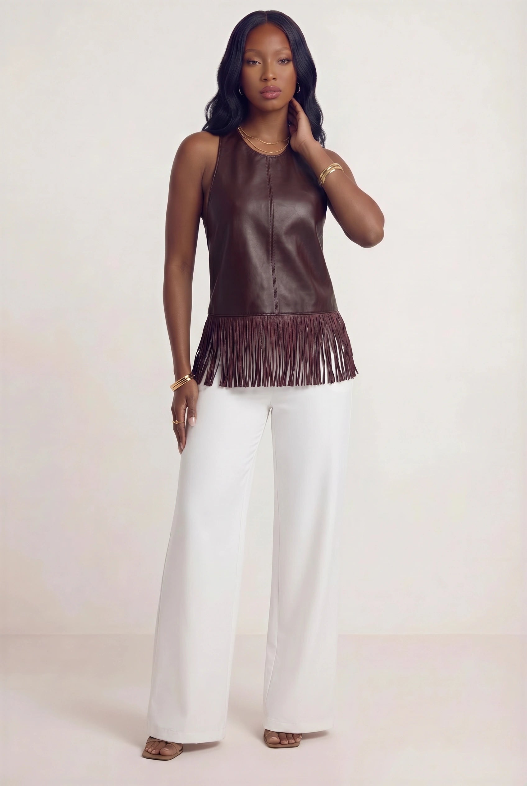 Piper Leather Fringe Halter Top - Wine