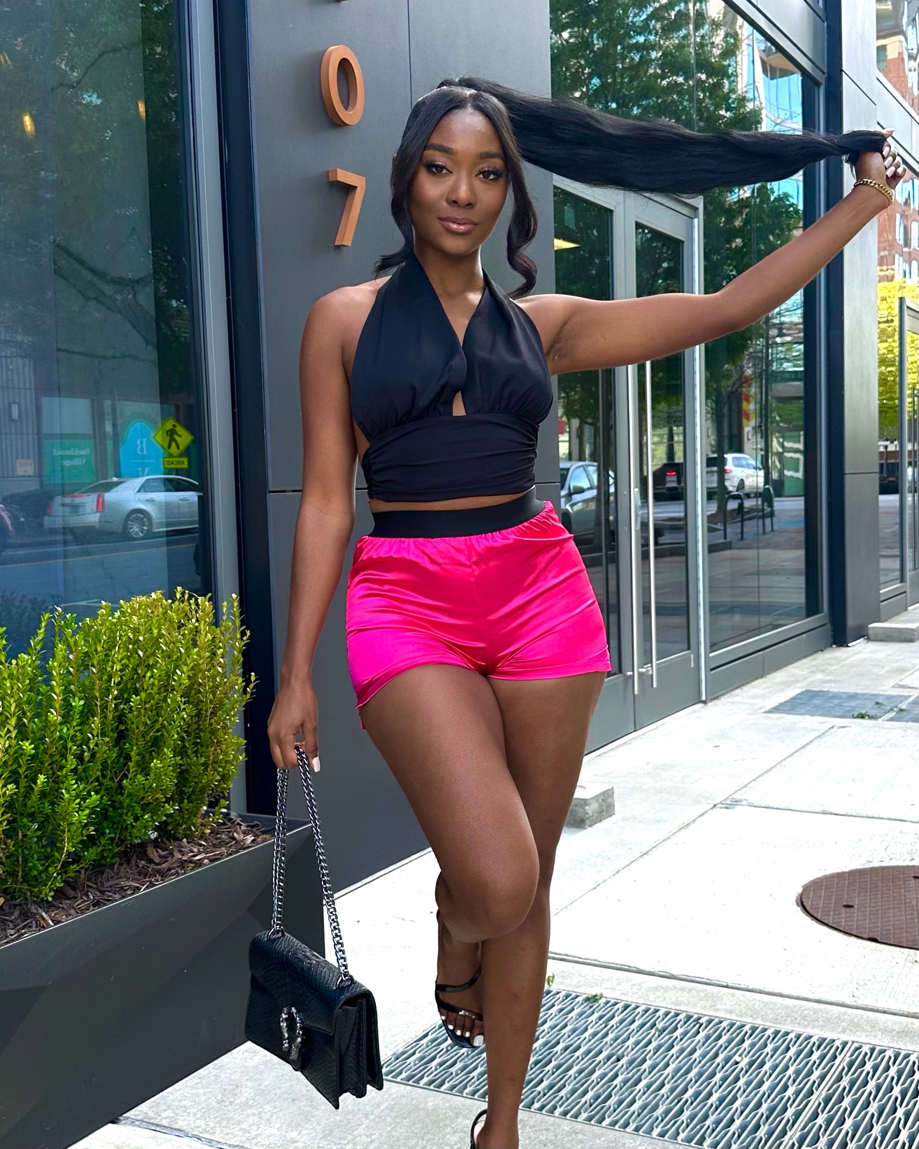 WOMENS SHORTS - PINK SHORTS - PINK SATIN SHORTS WITH BLACK ELASTIC WAISTBAND - WOMEN SUMMER SHORTS