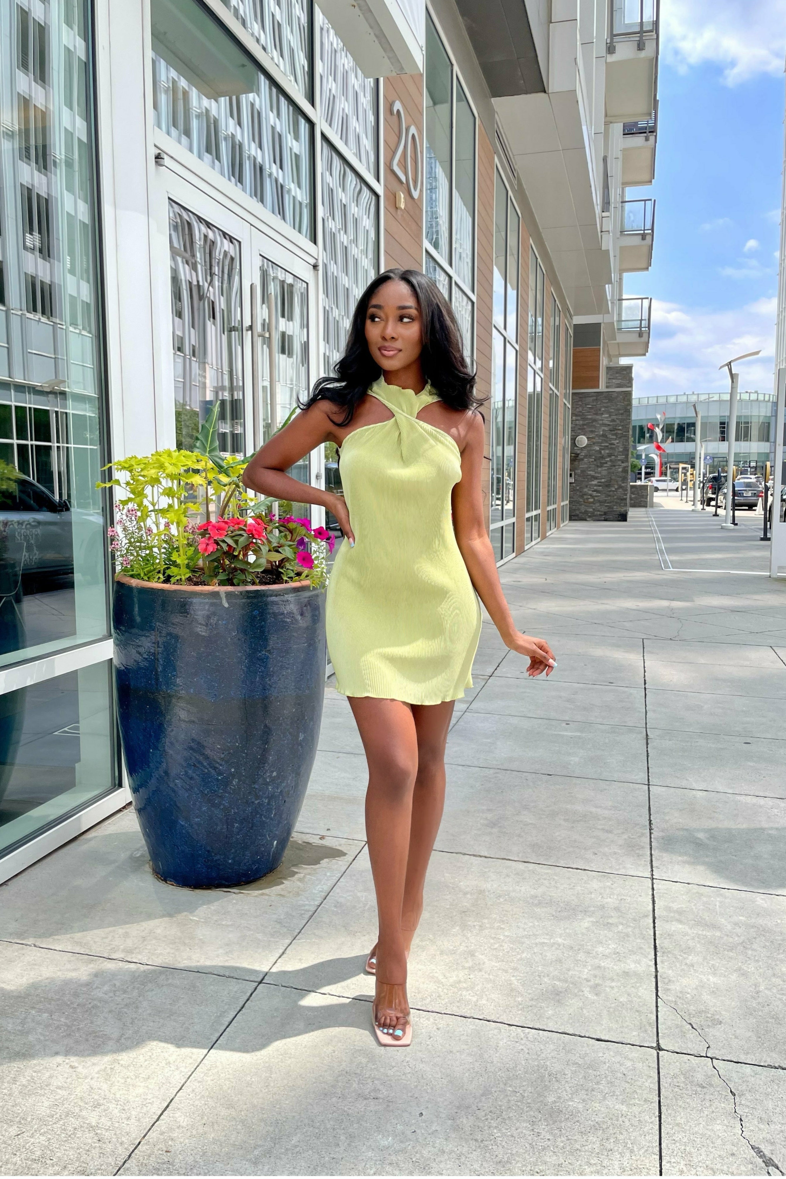 GREEN PLEATED MINI DRESS - WOMEN'S SUNDRESS - MINI DRESS - PLEATED DRESS WITH O NECK DETAIL