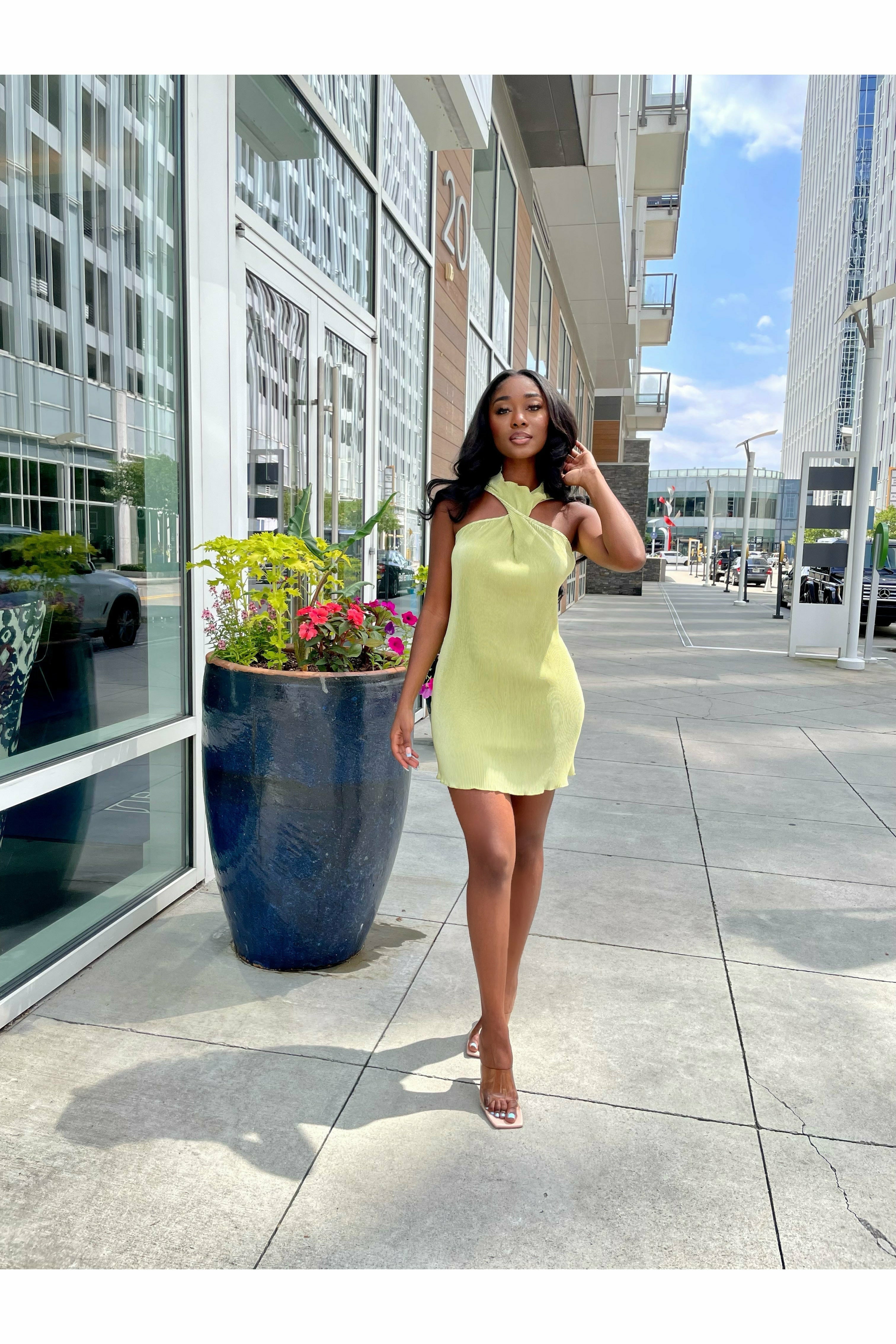 GREEN PLEATED MINI DRESS - WOMEN'S SUNDRESS - MINI DRESS - PLEATED DRESS WITH O NECK DETAIL