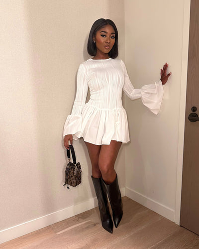 WHITE PLEATED MINI DRESS WITH BELL SLEEVES - BELL SLEEVE MINI DRESS - WHITE PLEATED DRESS - MINI DRESS - CASUAL DRESS - SHIRT DRESS - FALL OUTFIT - WINTER OUTFIT - SPRING OUTFIT - BELL SLEEVE TOP - MINI DRESS - DATE NIGHT OUTFIT - WOMEN'S OUTFIT - WOMEN'S DRESS - CONCERT OUTFIT - MOVIE DATE OUTFIT - BRUNCH OUTFIT - LADIES DRESS - COMFORTABLE DRESS - COMFORTABLE OUTFIT