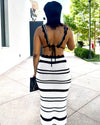 BLACK AND WHITE KNIT TWO PIECE SKIRT SET - SKIRT SET - KNITTED SKIRT SET - OOTD - STYLE INSPO - VACATION LOOK - VACATION OUTFIT - COVERUP - SWIMSUIT COVERUP - BAECATION - SKIRT - KNIT OUTFIT - SUMMER OUTFIT - SUMMER FASHION - SUMMER 2024 - BLACK GIRL OUTFIT - BLACK GIRL FASHION
