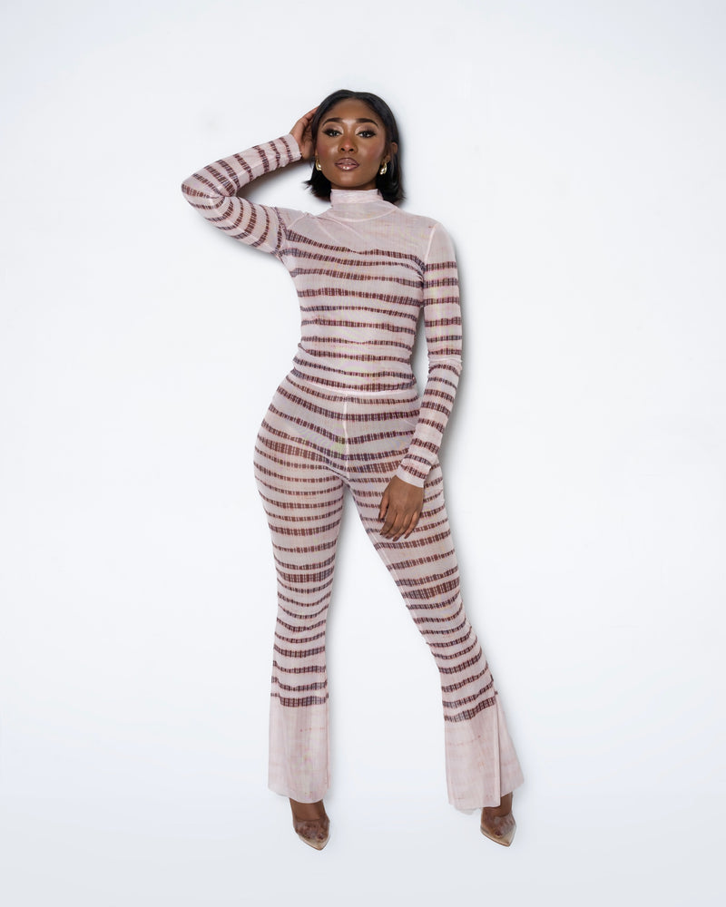 SHEER TWO PIECE LONG SLEEVE PANTS SET WITH HIGH COLLAR AND FLARED PANTS SET 