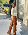 WOMEN BROWN FAUX LEATHER CARGO PANTS - FALL FASHION - FALL CARGO PANTS - TRENDY FALL OUTFITS FOR WOMEN