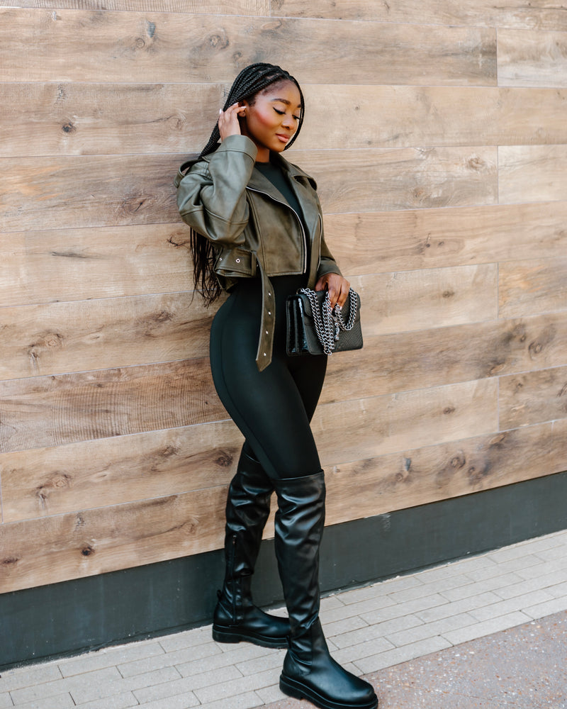 OLIVE GREEN FAUX LEATHER CROPPED BIKER JACKET WITH AN OVERSIZED FIT - OVERSIZED WOMEN'S CROPPED FAUX LEATHER JACKET IN OLVE GREEN WITH WAIST BELT AND ZIPPER CLOSURE 