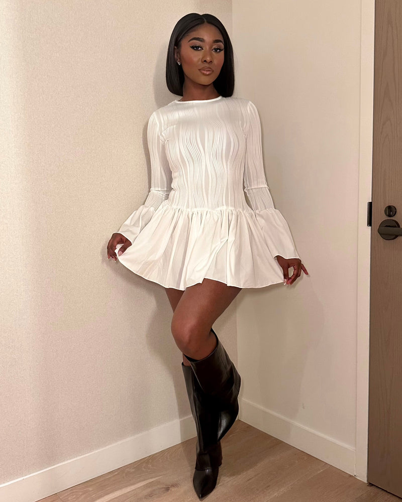 WHITE PLEATED MINI DRESS WITH BELL SLEEVES - BELL SLEEVE MINI DRESS - WHITE PLEATED DRESS - MINI DRESS - CASUAL DRESS - SHIRT DRESS - FALL OUTFIT - WINTER OUTFIT - SPRING OUTFIT - BELL SLEEVE TOP - MINI DRESS - DATE NIGHT OUTFIT - WOMEN'S OUTFIT - WOMEN'S DRESS - CONCERT OUTFIT - MOVIE DATE OUTFIT - BRUNCH OUTFIT - LADIES DRESS - COMFORTABLE DRESS - COMFORTABLE OUTFIT 