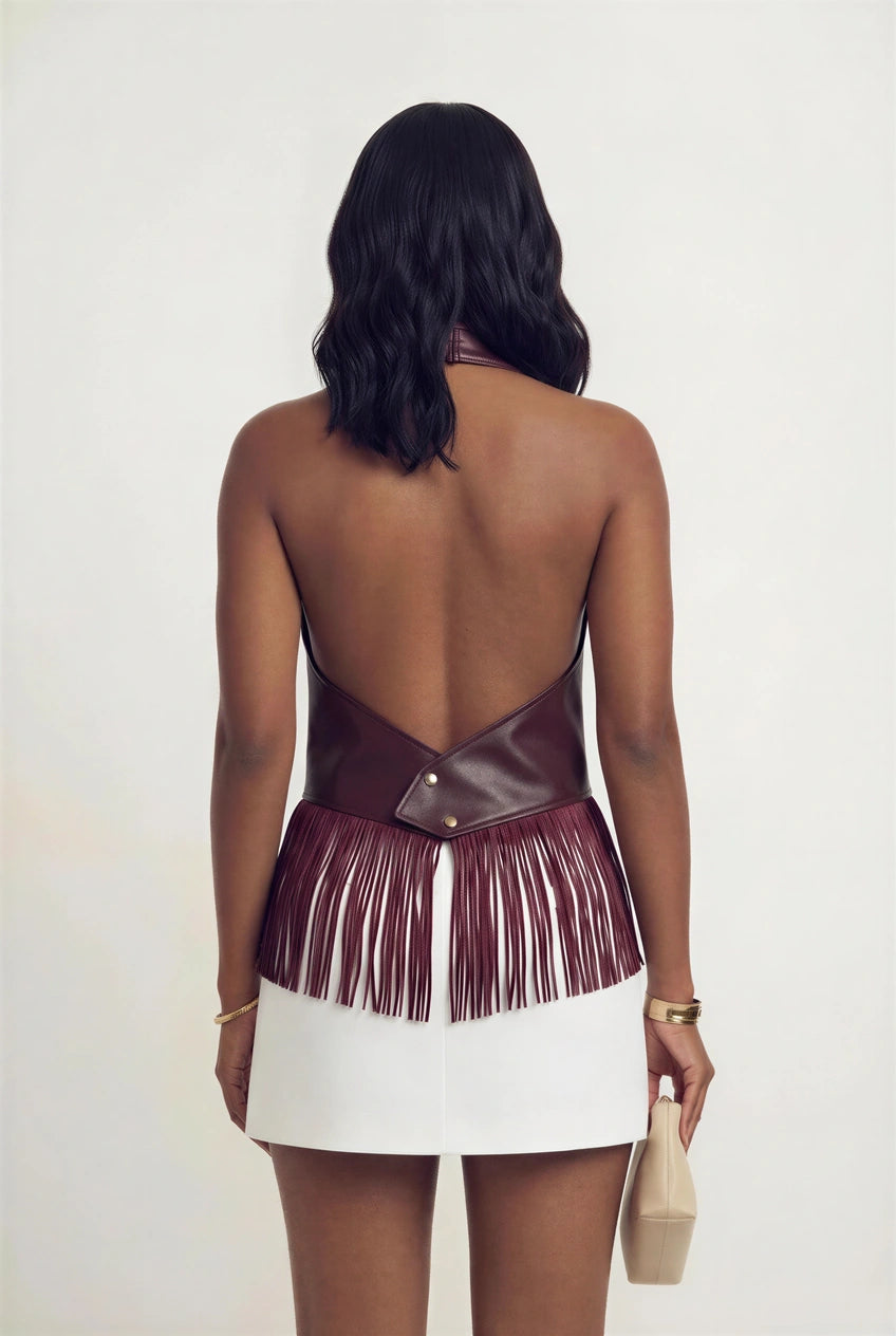 Piper Leather Fringe Halter Top - Wine