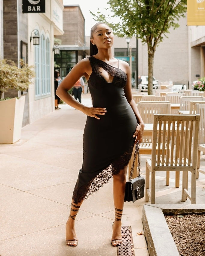 BLACK LACE ASYMMETICAL DRESS WITH ONE SHOULD STRAP FEATURES LACE BREAST DETAIL - BLACK DRESS - DATE NIGHT DRESS- WEDDING GUEST DRESS