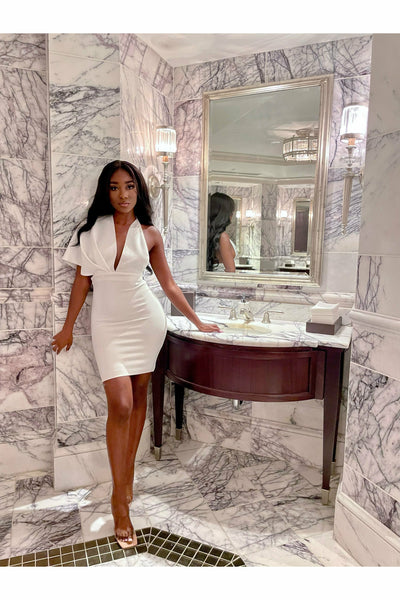 Evening in Nice Plunge Neck Dress - White
