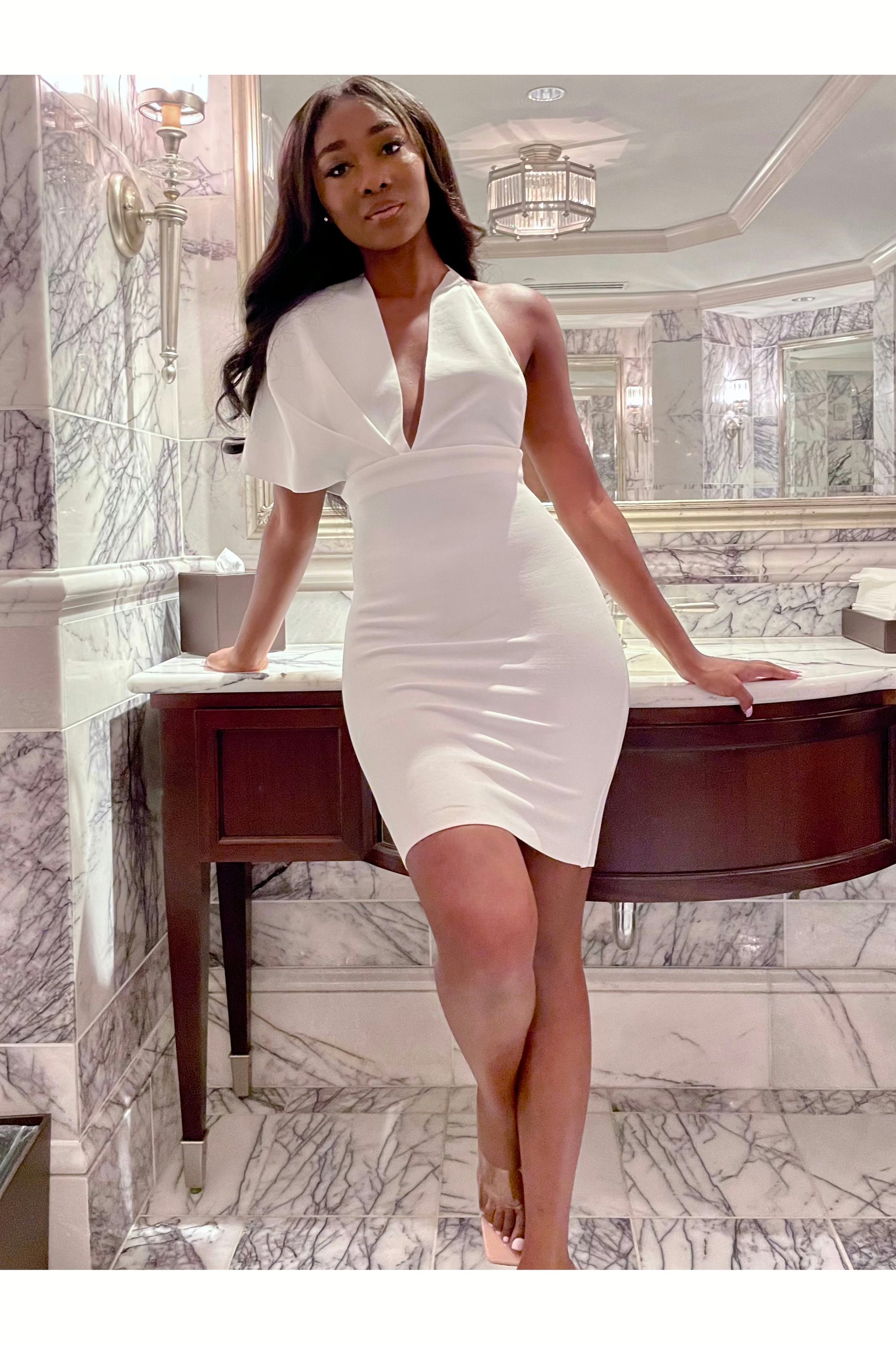 Evening in Nice Plunge Neck Dress White Privacy Wardrobe